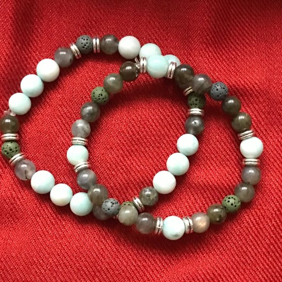 Oil Diffuser Bracelet Set Genuine Labradorite& Amazonite  Semiprecious Gemstones - Picture 2 of 2